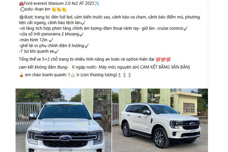 Hiện tại, giá xe Ford Everest Titanium 2023 này đang được chủ nhân rao bán với mức khoảng 1 tỷ đồng – mức giá được cho là khá cạnh tranh so với nhiều mẫu SUV cùng đời trên thị trường xe cũ hiện nay.
