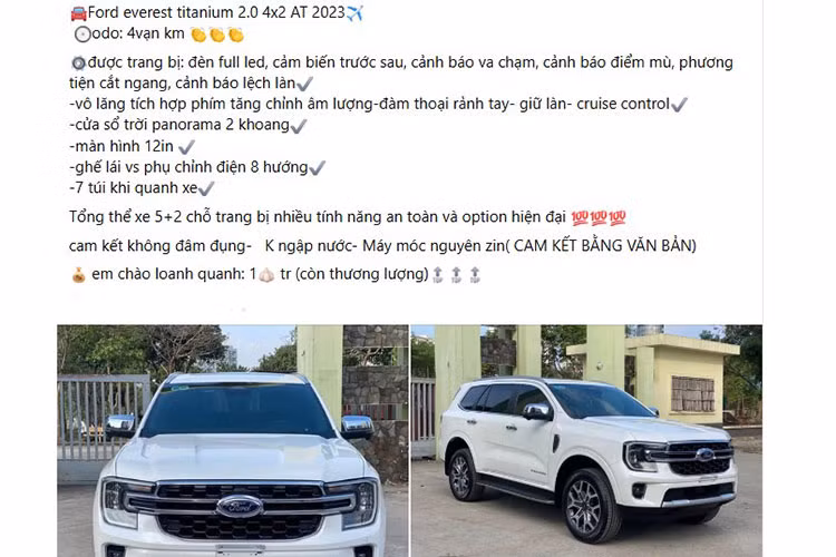 Hiện tại, giá xe Ford Everest Titanium 2023 này đang được chủ nhân rao bán với mức khoảng 1 tỷ đồng – mức giá được cho là khá cạnh tranh so với nhiều mẫu SUV cùng đời trên thị trường xe cũ hiện nay.