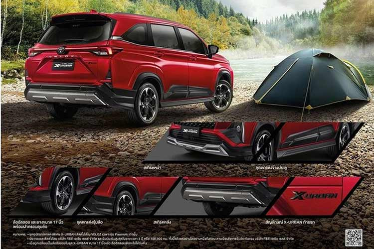 So với bản tiêu chuẩn, mẫu xe MPV Toyota Veloz X-Urban 2023 mới được bổ sung gói bodykit thể thao gồm huy hiệu X-Urban ở cửa cốp, tấm ốp nhựa trên cánh cửa, ốp vòm bánh xe, cản trước và cản sau mạ crôm. Ngoài ra, xe cũng được trang bị bộ mâm họa tiết mới sơn hai màu đen xám, kích thước 17 inch.