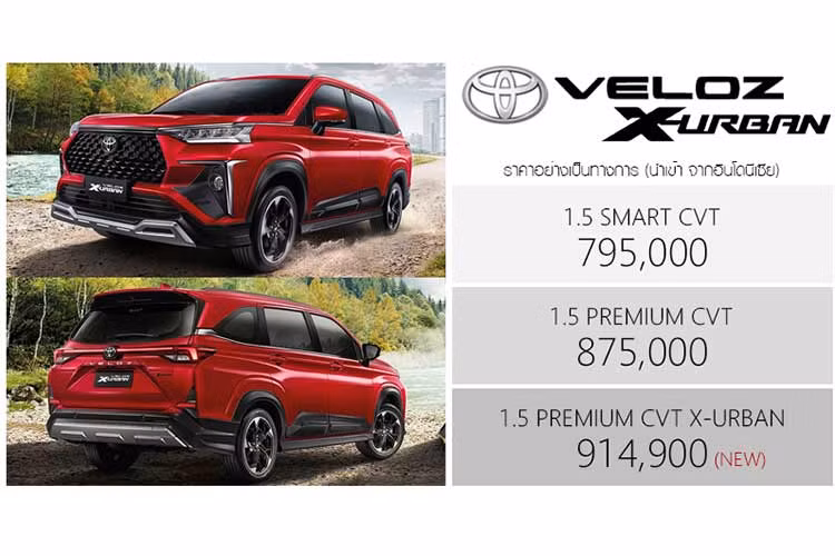 Ngoài ra, mẫu MPV này còn có hai phiên bản khác là Smart và Premium, đi kèm giá bán lần lượt 795.000 baht (545 triệu đồng) và 875.000 baht (600 triệu đồng). Các đối thủ trực tiếp của Veloz X-Urban là Mitsubishi Xpander Cross và Hyundai Stargazer X.
