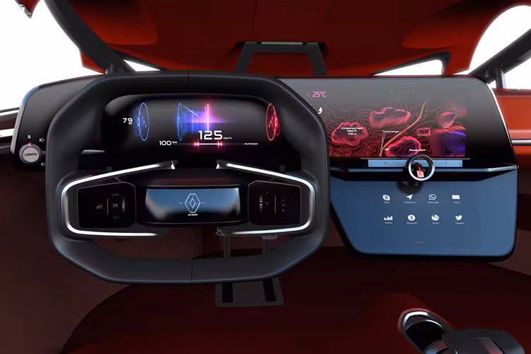 Màn hình trung tâm sử dụng công nghệ OLED với kính Corning Gorilla Glass có độ cong giúp tăng độ tương phản và màu sắc, ngoài ra nó còn được tô điểm bằng những vật liệu quý như gỗ và da cao cấp. Phong cách thiết kế mới trên mẫu xe này của Renault sẽ hướng tới sự tinh tế, đa công nghệ và đa kết nối.