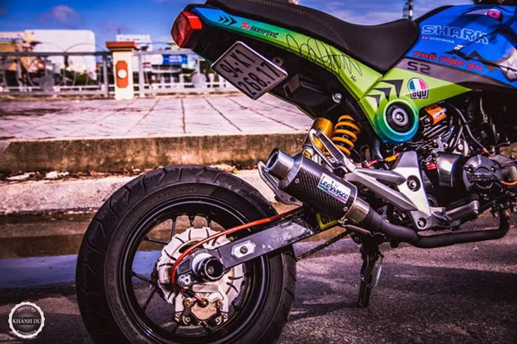 Dàn vỏ ốp bình xăng in họa tiết như miệng một con cá mập, cùng nhiều họa tiết khác. Phía đuôi xe trang bị giảm xóc Ohline. Ống xả tiêu chuẩn thay thế bằng sản phẩm của Leovince. Phanh sau hiệu Brembo. Đuôi xe cắt bỏ dè chắn bùn.