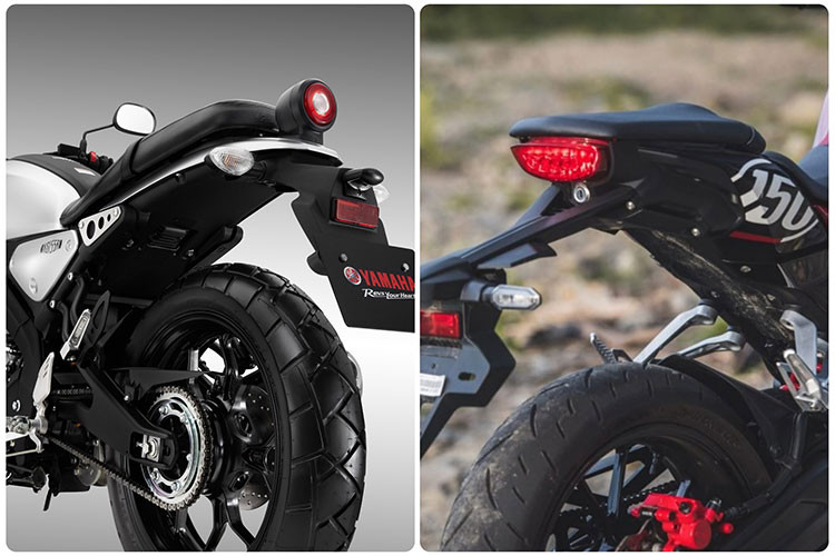 Sự khác biệt về phong cách hai mẫu xe trên có thể nhận thấy rõ khi nhìn vào thiết kế cụm yên và đuôi sau. Ở Yamaha XS155R là kiểu yên phẳng giống dòng xe tracker và gầm bánh sau thấp, còn Honda CB150R yên vểnh cao chia tầng đậm chất naked-bike với khoảng sáng gầm bánh sau lớn.