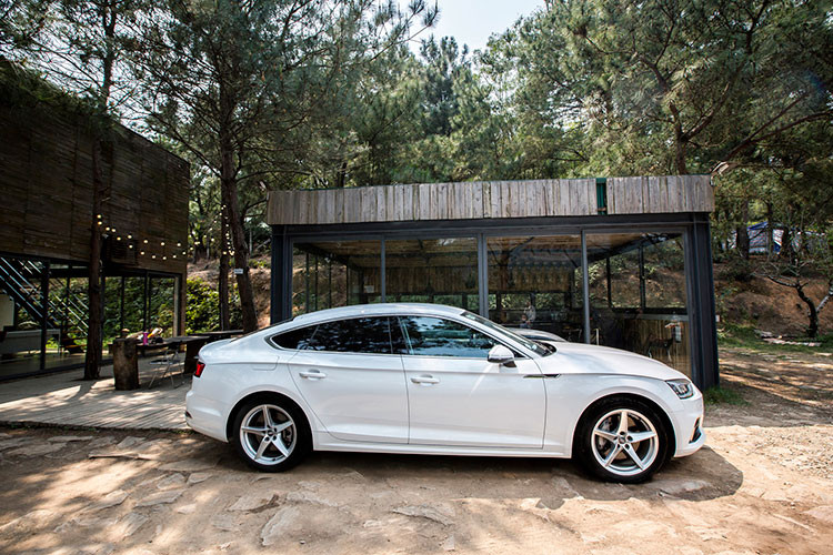 Nhìn thoáng qua, có vẻ "phom" của A5 Sportback mới không khác gì phiên bản cũ khi nhìn từ hai bên thân xe. Tuy nhiên trên thực tế, Audi đã dập đường nổi chạy dưới thân đậm hơn - nhấn mạnh tới hệ dẫn động quattrro và gắn cho chiếc xe một thanh nẹp trang trí nhỏ ở vị trí tiếp giáp giữa cửa sau với vè trước.