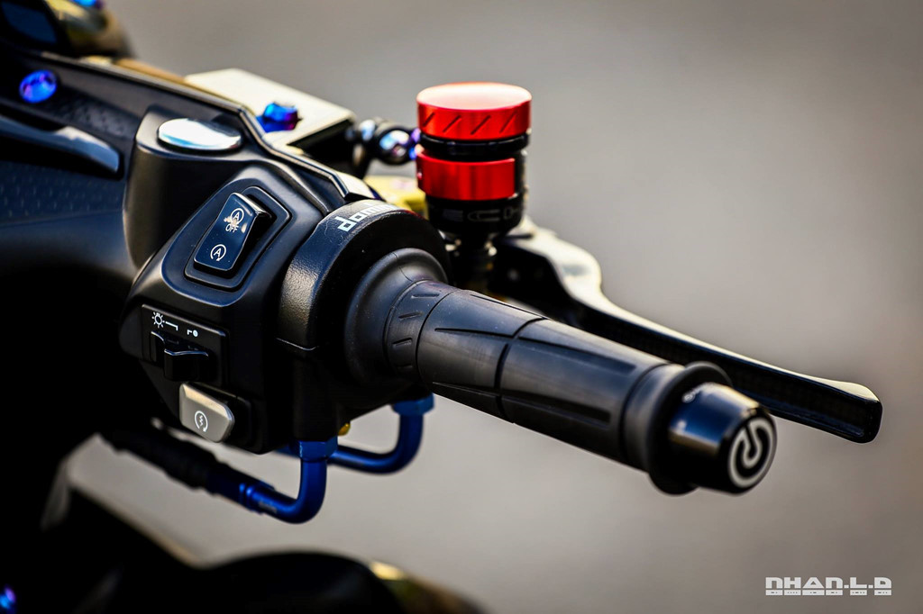 Cụm tay lái là nơi đặt một loạt đồ chơi đắt tiền, cho thấy chủ nhân rất "bạo chi". Đầu tiên là cùm tăng tốc Domino, cùm tay phanh và côn của Brembo, bình dầu Evotech và cặp tay CRG Carbon. Thậm chí có cả công tắc Idling Stop, tuy nhiên nó chỉ hoạt động theo cơ chế giống công tắc điện.