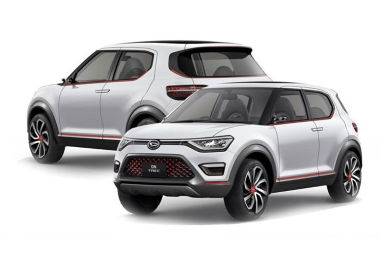 Về ngoại thất, thiết kế và phong cách tổng thể sẽ mang những nét cơ bản từ concept DN Trec. mẫu xe crossover Toyota Rise được trang bị đèn pha và đèn sương mù công nghệ LED, ốp dưới thân xe xung quanh và phần viền cửa kính đều có màu đen giúp xe trông cứng cáp hơn.