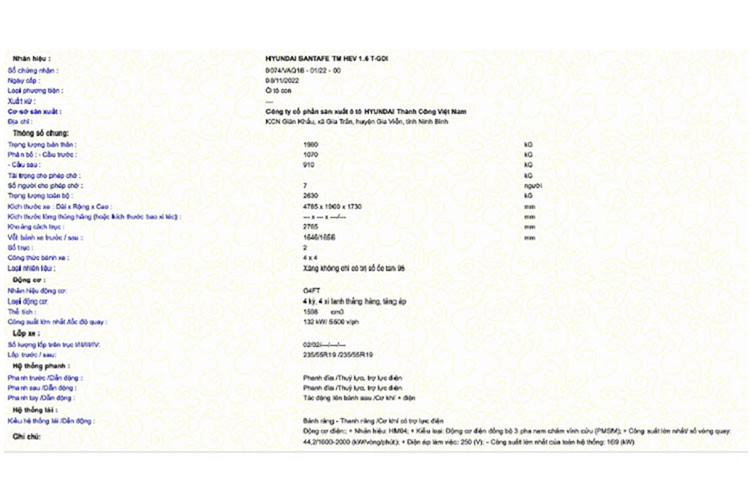 Trước đó, những thông tin đầu tiên về phiên bản hybrid của Hyundai SantaFe 2023 thế hệ mới được lắp ráp tại Việt Nam cũng đã xuất hiện trên trang web của Cục Đăng kiểm.