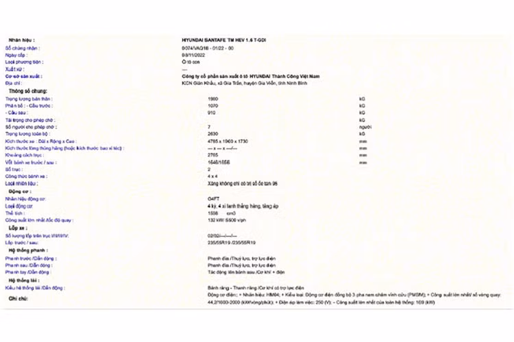 Trước đó, những thông tin đầu tiên về phiên bản hybrid của Hyundai SantaFe 2023 thế hệ mới được lắp ráp tại Việt Nam cũng đã xuất hiện trên trang web của Cục Đăng kiểm.