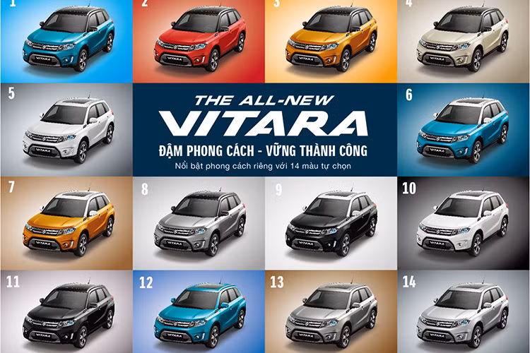 Vitara 2015 - phiên bản nhập khẩu 100% từ Hungary theo tiêu chuẩn Châu Âu – với 14 màu ngoại thất cá tính đồng bộ với nhiều lựa chọn màu ốp phụ kiện nội thất bên trong.