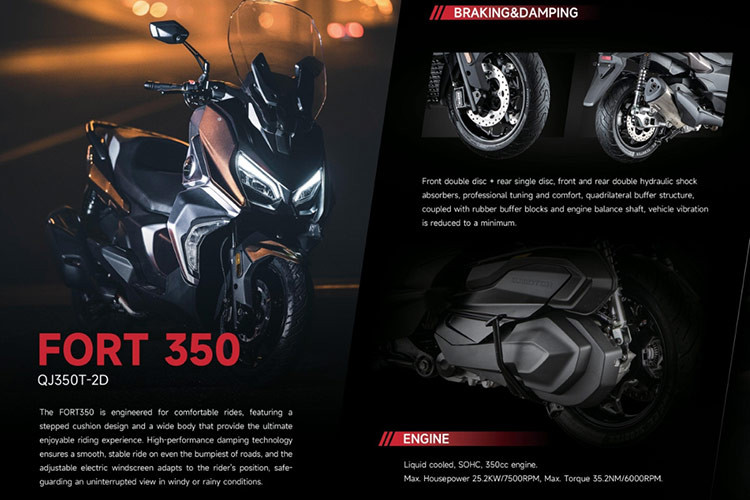 QJMotor Fort 350GT còn sở hữu nhiều trang bị hiện đại như kính chắn gió chỉnh điện, đồng hồ kỹ thuật số màn hình TFT đủ màu, chìa khóa thông minh Smartkey, hệ thống giám sát áp suất lốp,... giúp nâng cao cảm giác công nghệ cho chiếc xe, đồng thời đảm bảo tính an toàn và tiện nghi.