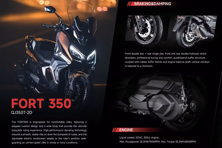 QJMotor Fort 350GT còn sở hữu nhiều trang bị hiện đại như kính chắn gió chỉnh điện, đồng hồ kỹ thuật số màn hình TFT đủ màu, chìa khóa thông minh Smartkey, hệ thống giám sát áp suất lốp,... giúp nâng cao cảm giác công nghệ cho chiếc xe, đồng thời đảm bảo tính an toàn và tiện nghi.
