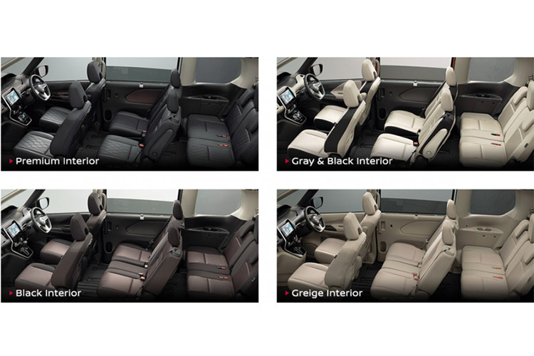Ngoài ra, trang web của hãng Nissan Nhật Bản còn cho thấy việc Serena mới có nhiều tùy chọn màu nội thất. Bản dùng nội thất bọc nỉ có 3 tùy chọn màu là xám - đen, đen và be. Bản cao cấp hơn sẽ được trang bị nội thất bọc da màu đen, khâu quả trám... 