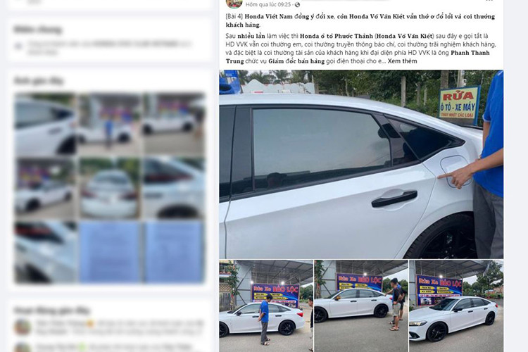 Honda Civic bị sơn lại cửa, chủ xe được đổi mới thuộc sở hữu của khách hàng Trần Thiên Thông mua tại đại lý Honda Ô tô Sài Gòn - Võ Văn Kiệt. Sau khi nhận xe, khách hàng phát hiện màu sơn ở cửa sau bên lại có sự khác biệt với tổng thể màu xe 