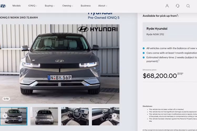 Hiện tại, khách hàng có thể lựa chọn một trong số 23 mẫu xe Ioniq 5 cũ từng thuộc sở hữu của khách hàng khác hoặc từ chính Hyundai. Tại thị trường Australia, giá xe Hyundai Ioniq 5 cũ đang được bán với hai phiên bản là AWD và 2WD cao nhất 77.500 AUD (khoảng 1,2 tỷ đồng).