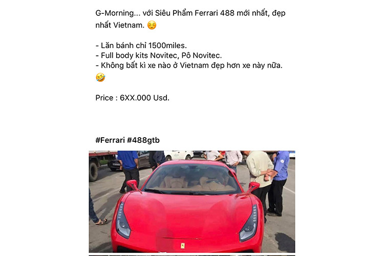 Được biết, chiếc siêu xe Ferrari 488 GTB thuộc quyền sở hữu của một doanh nhân Đà Nẵng lại gây choáng tất cả giới chơi xe Việt với chiếc biển trắng ngũ quý 5. Đây là siêu xe hiếm hoi và chiếc 488 GTB đầu tiên tại Việt Nam sở hữu biển ngũ quý. Cũng nhờ biển ngũ quý này nên chiếc xe được tự tin chào giá khoảng (600 nghìn USD - gần 15 tỷ đồng).