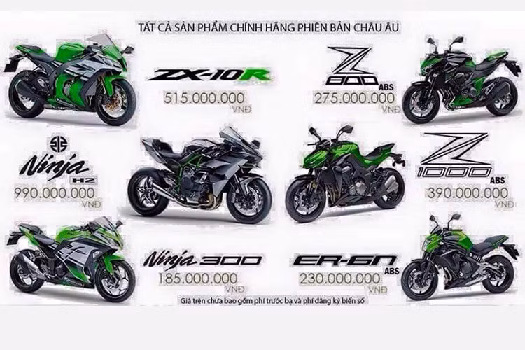 Các phiên bản mới nhất của dòng môtô Kawasaki được niêm yết giá chính hãng, trong số đó Z1000 được niêm yết với giá 390 triệu đồng.