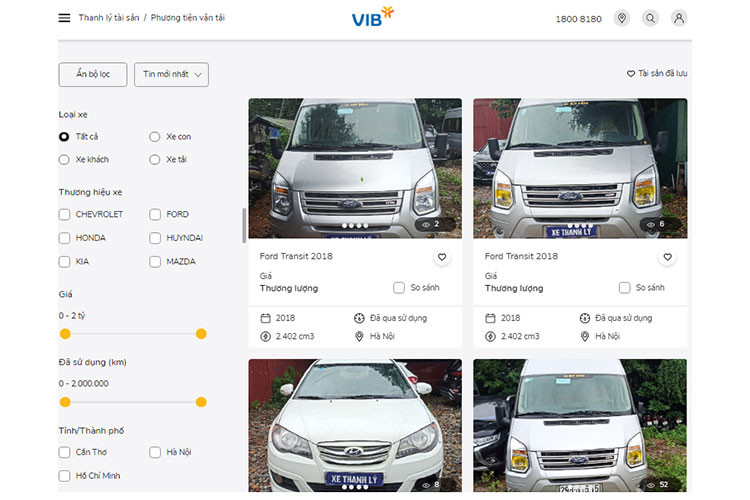 VIB thì đang rao bán hơn 100 phương tiện vận tải, bao gồm ôtô con và xe tải, xe chở hàng trên website của mình với hình ảnh trực quan hiện trạng của xe và mô tả khá cụ thể. Đa số xe được ngân hàng công khai giá bán khởi điểm. Nhưng cũng có một số xe được để giá "thương lượng", tức người có nhu cầu mua sẽ liên hệ với ngân hàng để thỏa thuận cụ thể. Ngoài ra, VIB còn thông tin giá bán của xe trên thị trường để người mua có thêm dữ liệu để tham khảo, so sánh.