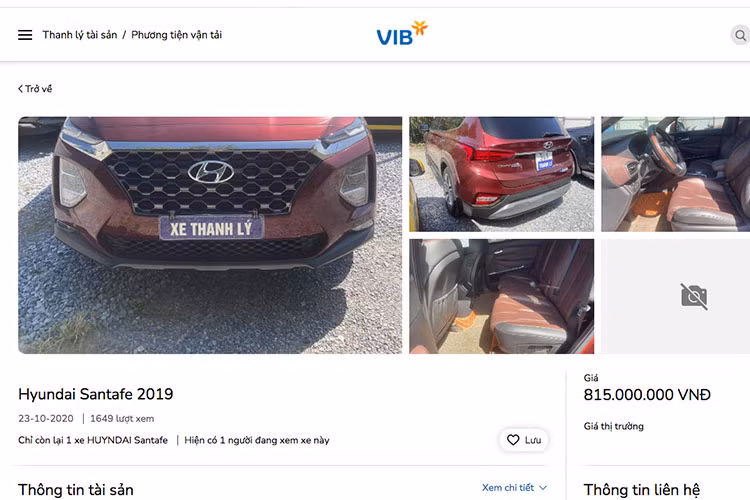 Nhiều chiếc xe mới sử dụng một thời gian ngắn cũng đã được ngân hàng rao bán. Chiếc Huyndai Santafe sản xuất năm 2019 lăn bánh khoảng hơn 10.000km được rao bán với giá 815 triệu đồng, theo thông tin từ phía ngân hàng cho biết mức giá này thấp hơn so với giá trị trường thời điểm rao bán vào tháng 10/2020.