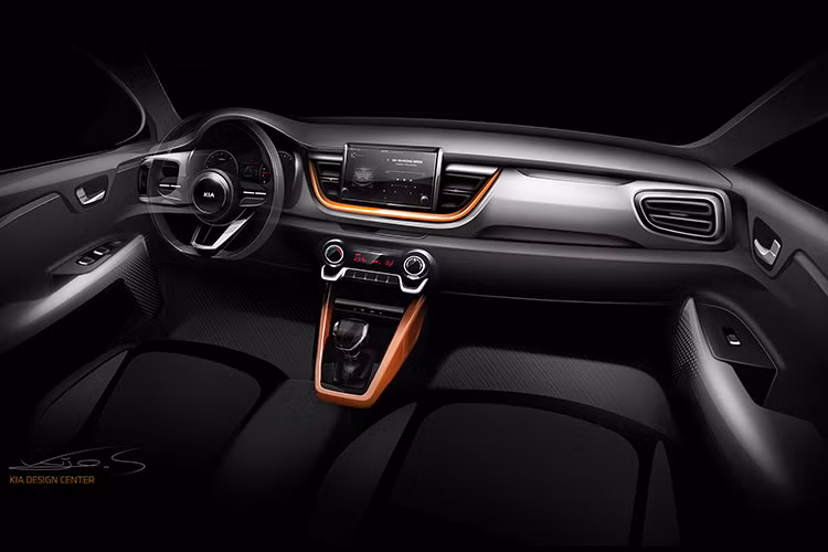 Bên trong Kia Stonic là không gian nội thất có thiết kế đơn giản. Bảng táp-lô được thiết kế nằm ngang khiến người nhìn có cảm giác nội thất như rộng hơn. Thêm vào đó là màn hình cảm ứng nằm tách riêng khỏi cụm điều khiển trung tâm. Riêng cụm điều khiển trung tâm có thiết kế na ná Kia Rio và Morning thế hệ mới.