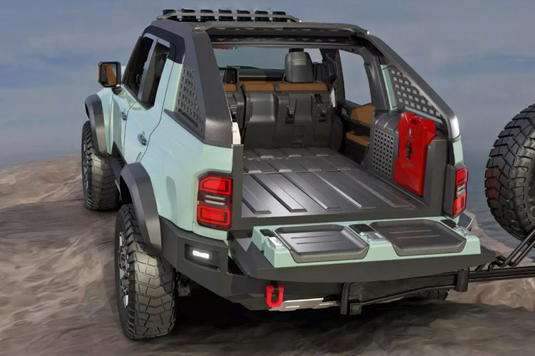 Bên cạnh đó, Land Cruiser ROX còn sở hữu cửa một nửa không có kính, mở rộng hốc bánh xe và bộ lốp địa hình cỡ lớn tạo cảm giác mạnh mẽ và sẵn sàng chinh phục mọi cung đường. Toyota còn trang bị thêm nhiều thiết bị hạng nặng cho Land Cruiser ROX, bao gồm cản trước và sau bằng thép, tấm chắn gầm gia cố, và chắn bụi. Phía sau xe có cửa hậu cùng giá đỡ lốp dự phòng giúp người dùng dễ dàng tiếp cận khoang chứa đồ lộ thiên.