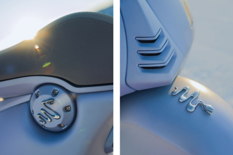 Đan xen vào phong cảnh băng giá này là nguồn cảm hứng từ con rắn, được thể hiện qua lớp bọc tay lái và yên xe mô phỏng theo kết cấu mềm mại của da loài động vật này sau khi được thuộc.