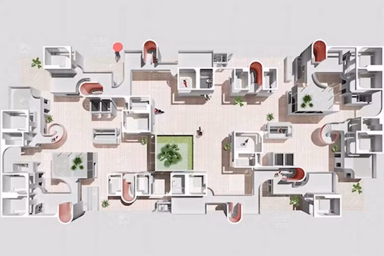 Trong ảnh là tác phẩm CO-Living (Không gian sống hòa hợp), thuộc nhóm Khoa Vu and Wilson Harkhono {Khoa Vu (Việt Nam), Wilson Harkhono (Indonesia)}: Hệ thống nhà ở kiểu mới, khuyến khích cư dân sống với nhau một cách hòa hợp.