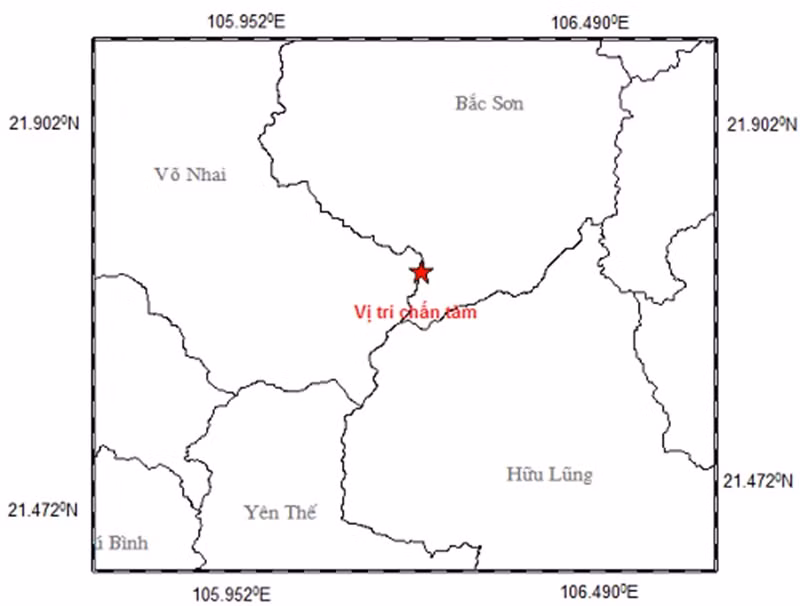 Tại Thái Nguyên, động đất mạnh 3,1 độ richter xảy ra lúc 00h51’ tại vị trí có tọa độ 21.713 vĩ độ Bắc,106.236 độ kinh Đông, độ sâu chấn tiêu khoảng 10 km, thuộc khu vực huyện Võ Nhai.