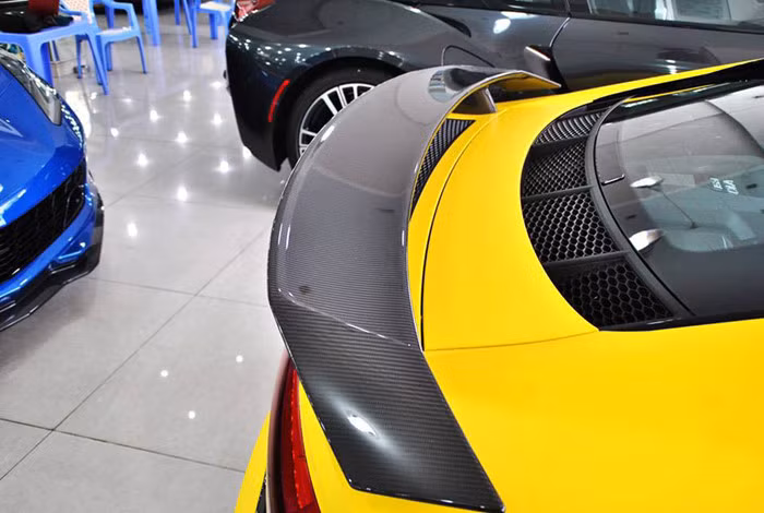 Nhiều chi tiết ngoại thất bằng sợi carbon được trang bị như ốp gương chiếu hậu ngoài, cánh gió cản trước, khuếch tán khí động cản sau, cánh gió đuôi hay nắp chụp cửa hút gió bên hông làm mát khoang động cơ...