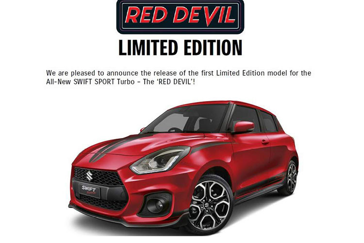 Tại thị trường Úc, hãng xe hơi Suzuki vừa tung ra phiên bản giới hạn của mẫu xe Suzuki Swift 2018 hatchback cỡ nhỏ cho thị trường này. Phiên bản đặc biệt này có tên đầy đủ là Suzuki Swift Sport Red Devil, nó được phát triển từ phiên bản Swift Sport cho thị trường Úc.