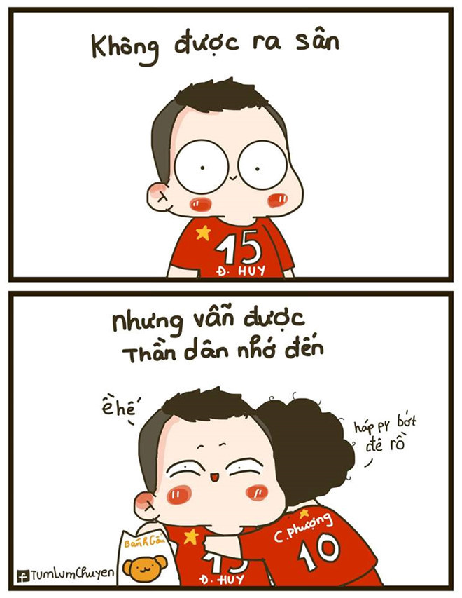 Trận đấu tại vòng 1/8 của đội tuyển Việt Nam đúng ngày sinh nhật tiền vệ Đức Huy. Có lẽ bởi vậy, ngay sau khi ghi bàn vào lưới Jordan, Công Phượng đã chạy tới ôm lấy đồng đội để ăn mừng. Khoảnh khắc dễ thương được ống kính máy quay ghi lại khiến fan của hai cầu thủ thích thú. Ảnh: Tùm Lum Chuyện, ThangAnhConEm.