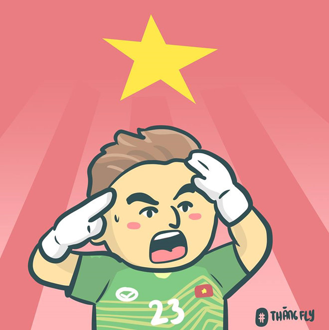 Sự xuất sắc của thủ thành Đặng Văn Lâm cũng góp phần không nhỏ vào chiến thắng nghẹt thở của "những ngôi sao vàng", đặc biệt là pha cản phá thành công cú sút của cầu thủ số 10 Ahmed Samir trên chấm 11 m. Ảnh: Thăng Fly Comics.