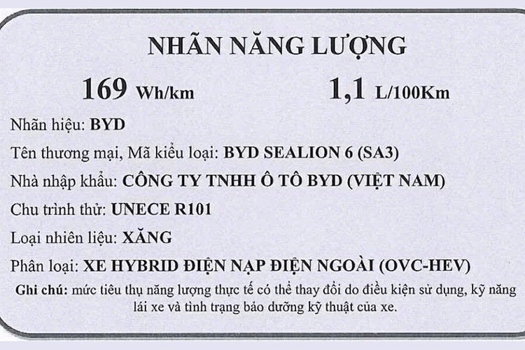 Sealion 6 được trang bị hệ truyền động hybrid với động cơ xăng Xiaoyun 1.5L, 4 xi-lanh, sản sinh công suất 98 mã lực và mô-men xoắn 122 Nm. Đi kèm là mô-tơ điện giúp tổng công suất đạt 218 mã lực và mô-men xoắn cực đại 300 Nm.