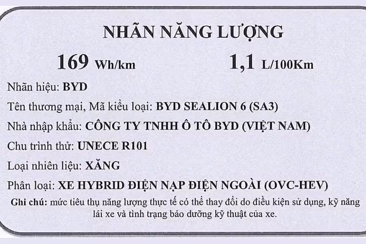 Sealion 6 được trang bị hệ truyền động hybrid với động cơ xăng Xiaoyun 1.5L, 4 xi-lanh, sản sinh công suất 98 mã lực và mô-men xoắn 122 Nm. Đi kèm là mô-tơ điện giúp tổng công suất đạt 218 mã lực và mô-men xoắn cực đại 300 Nm.