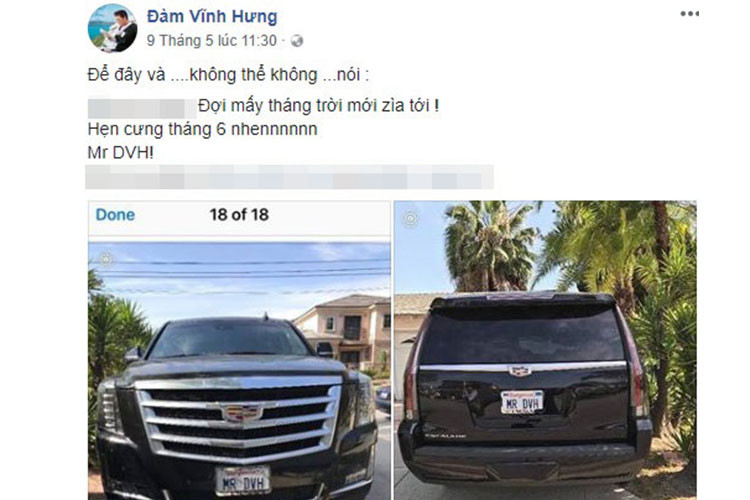 "Để đây và không thể không nói. Đợi mấy tháng trời mới về tới. Hẹn cưng tháng 6 nhen, Mr DVH" là những gì giọng ca được mệnh danh "ông hoàng nhạc Việt" viết trên trang cá nhân khi khoe ảnh chiếc SUV hạng sang mới. Có vẻ như nam ca sỹ này đã phải chờ vài tháng mới được nhận chiếc Cadillac Escalade này.