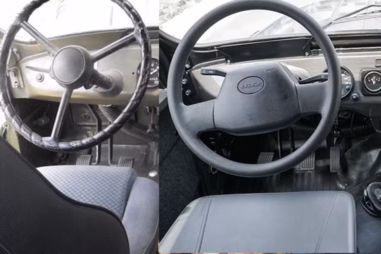 Thậm chí ngay cả nội thất của xe vẫn khá "bảo thủ" khi vắng bóng những tiện nghi hiện đại và hoàn toàn không có "dấu vết" của sự cao cấp, sang trọng. Bên cạnh hộp số sàn 4 cấp, chiếc xe còn có thêm nhiều cần điều khiển khác để gài cầu hệ thống dẫn động 4 bánh (Ảnh: bên trái là xe cũ, bên phải là chiếc xe ôtô UAZ Hunter hoàn toàn mới tại Việt Nam).