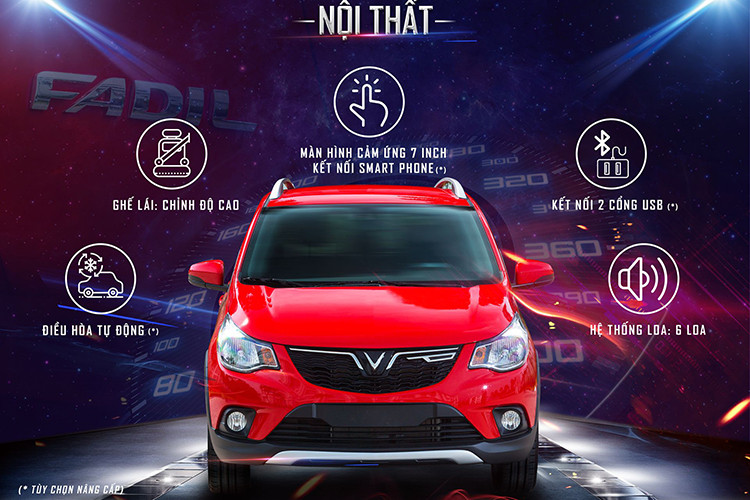Nội thất của xe cỡ nhỏ VinFast Fadil khá hiện đại với vô-lăng tích hợp các chức năng điều khiển, kết nối USB/Bluetooth với tuỳ chọn nâng cấp: điều hoà tự động, màn hình giải trí cảm ứng. 