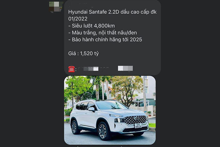 Bên cạnh đó, đang có khá nhiều xe Hyundai Santa Fe đời 2022, bản máy dầu cao cấp, số ODO 6.000 - 7.000 km được chào bán trong khoảng giá từ 1,510 - 1,590 tỷ đồng, đều cao hơn mức niêm yết xe mới chính hãng (1,360 tỷ đồng).