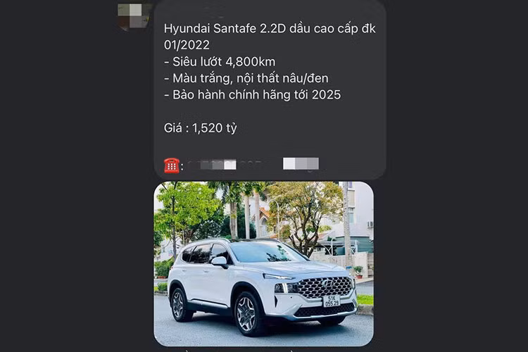 Bên cạnh đó, đang có khá nhiều xe Hyundai Santa Fe đời 2022, bản máy dầu cao cấp, số ODO 6.000 - 7.000 km được chào bán trong khoảng giá từ 1,510 - 1,590 tỷ đồng, đều cao hơn mức niêm yết xe mới chính hãng (1,360 tỷ đồng).