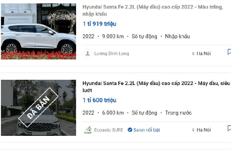 Khảo sát một vòng qua các chợ ôtô cũ, dễ dàng nhận thấy đang có rất nhiều xe Hyundai SantaFe “siêu lướt” được chào bán với giá cao ngất ngưởng. Đáng chú ý nhất trong số đó là chiếc SantaFe máy dầu cao cấp, màu trắng, gắn biển Hà Nội rao giá 1,919 tỷ đồng, tức “đội” tới hơn nửa tỷ đồng so với xe mới hoàn toàn.