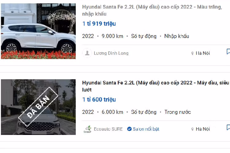 Khảo sát một vòng qua các chợ ôtô cũ, dễ dàng nhận thấy đang có rất nhiều xe Hyundai SantaFe “siêu lướt” được chào bán với giá cao ngất ngưởng. Đáng chú ý nhất trong số đó là chiếc SantaFe máy dầu cao cấp, màu trắng, gắn biển Hà Nội rao giá 1,919 tỷ đồng, tức “đội” tới hơn nửa tỷ đồng so với xe mới hoàn toàn.