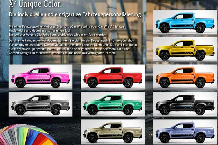 Gói nâng cấp này có giá khoảng € 5.056 (khoảng 133 triệu đồng). Nếu đồng ý chi thêm số tiền 4.165 € (khoảng 110 triệu đồng), người X-Class với gói off-road sẽ được “update” lên phiên bản 4x4² với hơn 100 màu sơn ngoại thất độc đáo từ xanh đến hồng, tem trang trí bên hông xe.