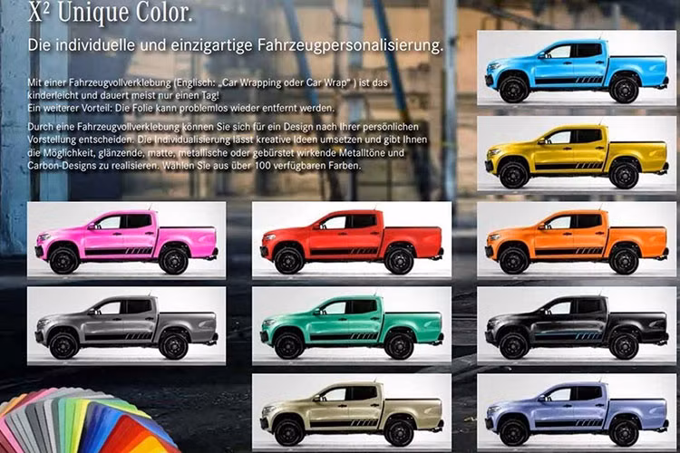 Gói nâng cấp này có giá khoảng € 5.056 (khoảng 133 triệu đồng). Nếu đồng ý chi thêm số tiền 4.165 € (khoảng 110 triệu đồng), người X-Class với gói off-road sẽ được “update” lên phiên bản 4x4² với hơn 100 màu sơn ngoại thất độc đáo từ xanh đến hồng, tem trang trí bên hông xe.