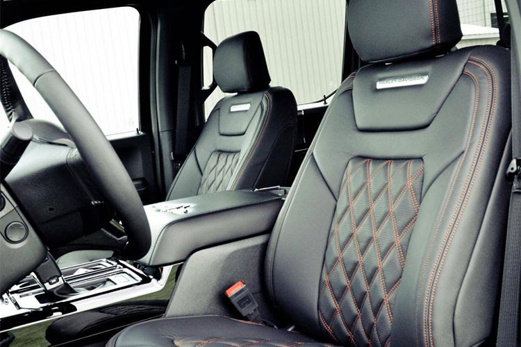 Bên trong nội thất, Ford F-150 Harley-Davidson có ghế bọc da nổi bật với chỉ thêu hình kim cương và bảng đồng hồ được cải tiến. Các chi tiết nổi bật khác bên trong xe bao gồm bàn đạp phay CNC, thảm sàn đặc biệt và ốp bậc cửa mới chứa logo Harley-Davidson.