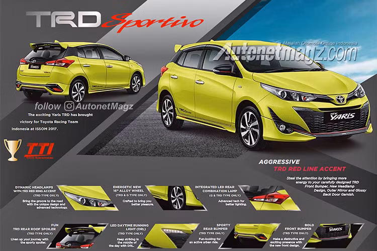 Nội thất xe Yaris TRD Sportivo phiên bản mới này cũng khác biệt một chút bởi những viền chỉ đỏ nổi bật trên nội thất da màu đen. Các trang bị khác vẫn giữ nguyên như bản cao cấp nhất hiện tại, gồm màn hình 7 inch cảm ứng, đề nổ bằng nút bấm, điều hoà tự động, âm thanh 6 loa… 