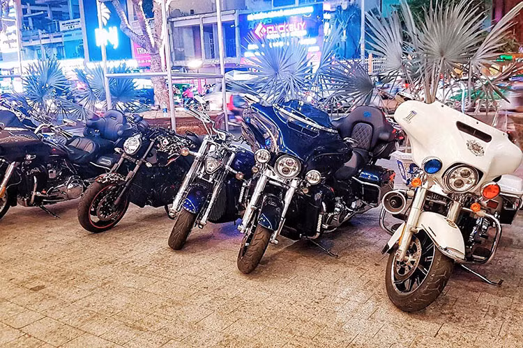 Dàn xe môtô phân khối lớn với những chiếc Harley-Davidson đắt tiền dẫn đoàn rước dâu là những người bạn tại chơi xe tại Sài Gòn cũng góp mặt.