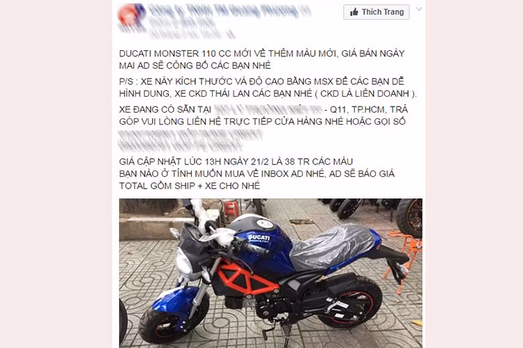 Thông tin về một nhà nhập khẩu xe máy tư nhân tại Q 11, TP HCM vừa đưa về lô hàng Ducati Monster 110 đang gây xôn xao trên mạng xã hội. Qua hinh ảnh do công ty nhập khẩu đăng lên mạng, mẫu xe này có thiết kế lai giữa dòng Honda MSX125 và mẫu xe môtô phân khối lớn Ducati Monster đình đám.