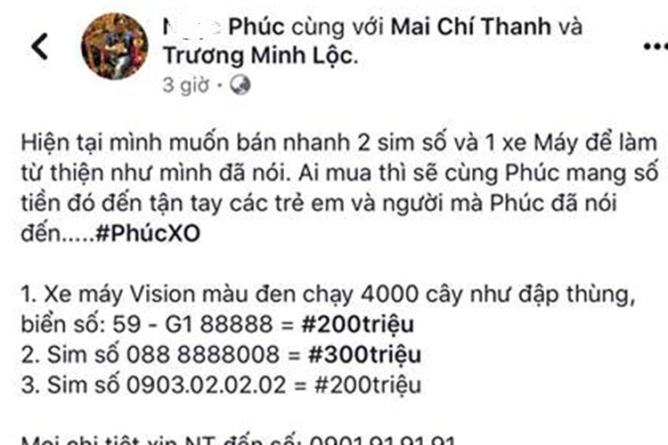 Theo đại gia "khoe vàng" Phúc XO chia sẻ: “Chiếc xe ga Honda Vision biển khủng - ngũ quý 8 đã bán nhanh với gái 200 triệu đồng trong vòng 15 phút sau khi đăng. Có nhiều niềm vui thật giản đơn đến từ những người bạn trên Facebook. Đây sẽ là động lực để Phúc bán những sim số và dàn xe ngũ quý tứ quý để làm từ thiện". 