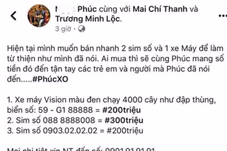 Theo đại gia "khoe vàng" Phúc XO chia sẻ: “Chiếc xe ga Honda Vision biển khủng - ngũ quý 8 đã bán nhanh với gái 200 triệu đồng trong vòng 15 phút sau khi đăng. Có nhiều niềm vui thật giản đơn đến từ những người bạn trên Facebook. Đây sẽ là động lực để Phúc bán những sim số và dàn xe ngũ quý tứ quý để làm từ thiện". 