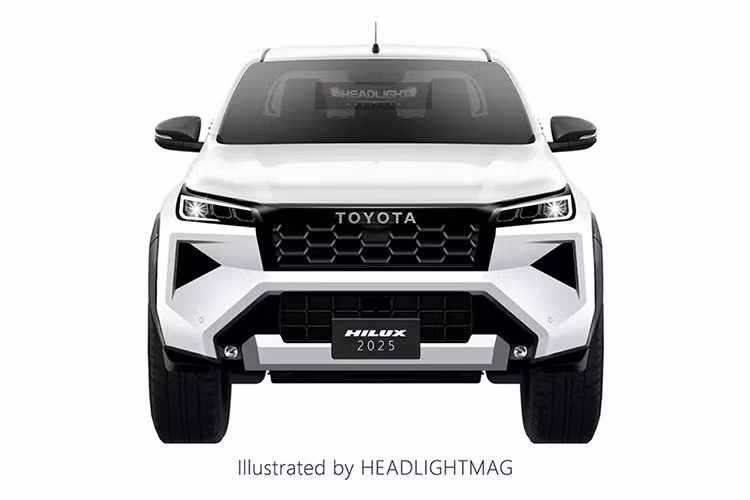 Toyota Hilux thế hệ mới sẽ sở hữu lưới tản nhiệt hình chữ nhật dạng tổ ong, tích hợp dòng chữ "Toyota" thay cho logo truyền thống, tạo dấu ấn độc đáo và hiện đại. Đèn pha được thiết kế thanh mảnh hơn, đi kèm dải LED định vị sắc sảo. Hai khe gió tam giác ở góc đầu xe, cùng với cản trước có hốc gió lớn và đèn sương mù nhỏ gọn, góp phần làm nổi bật phong cách thể thao, mạnh mẽ của mẫu bán tải này.
