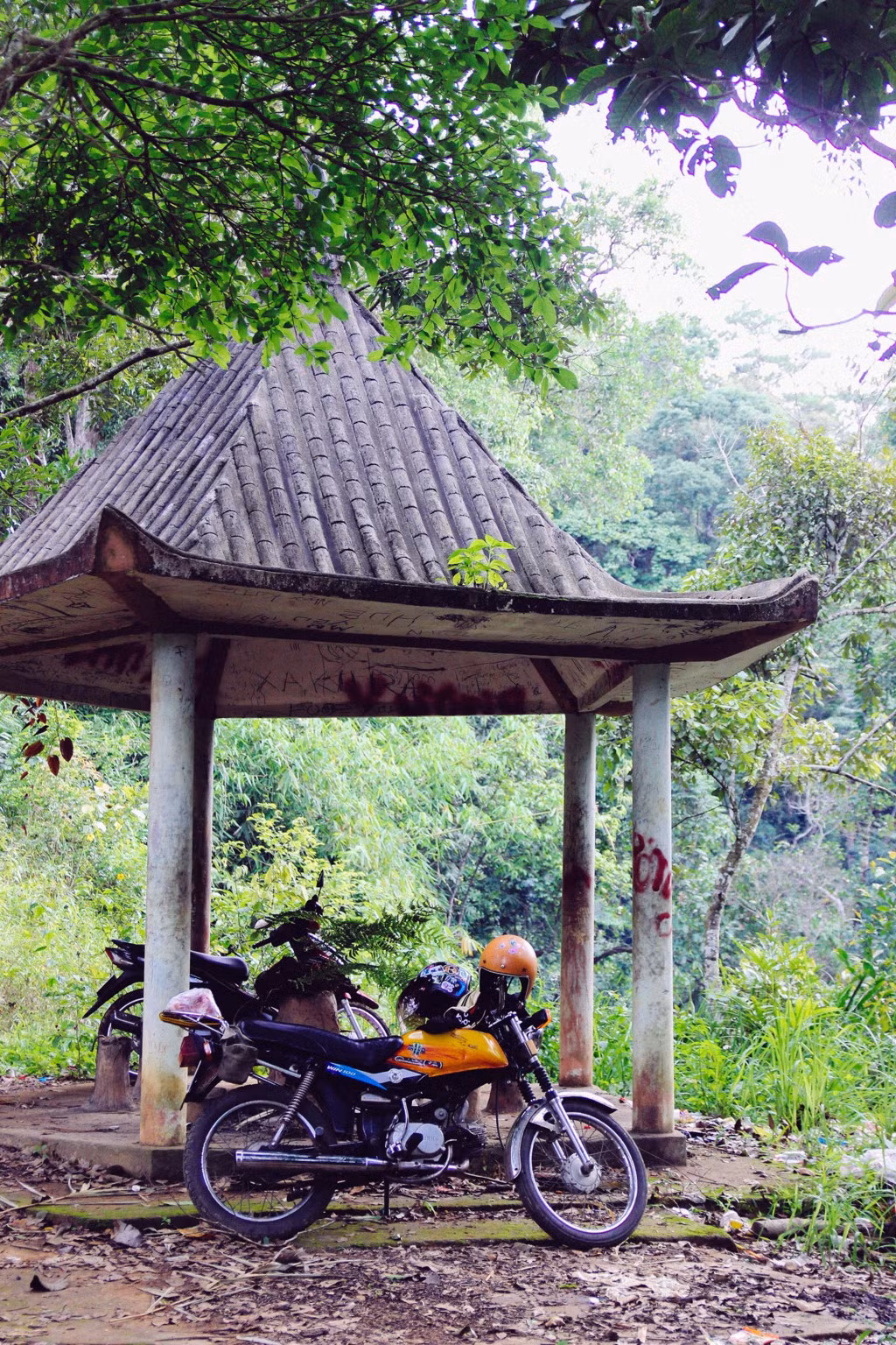 Trong khuôn viên của thác nổi lên những ngôi nhà trước đây được xây để làm du lịch. Từ khi bỏ hoang đến nay, nơi này có rêu xanh phủ đầy tường, tạo ra một sức hút lạ thường.